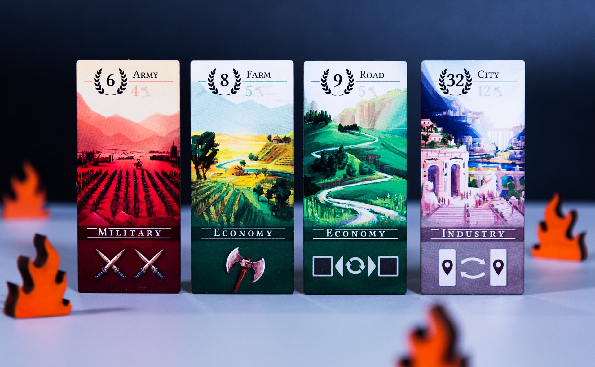 Empire's End location tiles for Army, Farm, Road, and City surrounded by fire markers