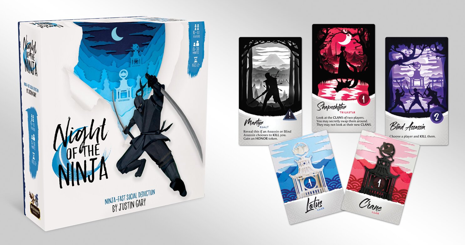 Night of the Ninja package preview with game box and cards from the game