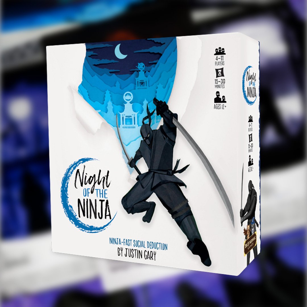 Night of the Ninja box on a blurred out background of cards from the game