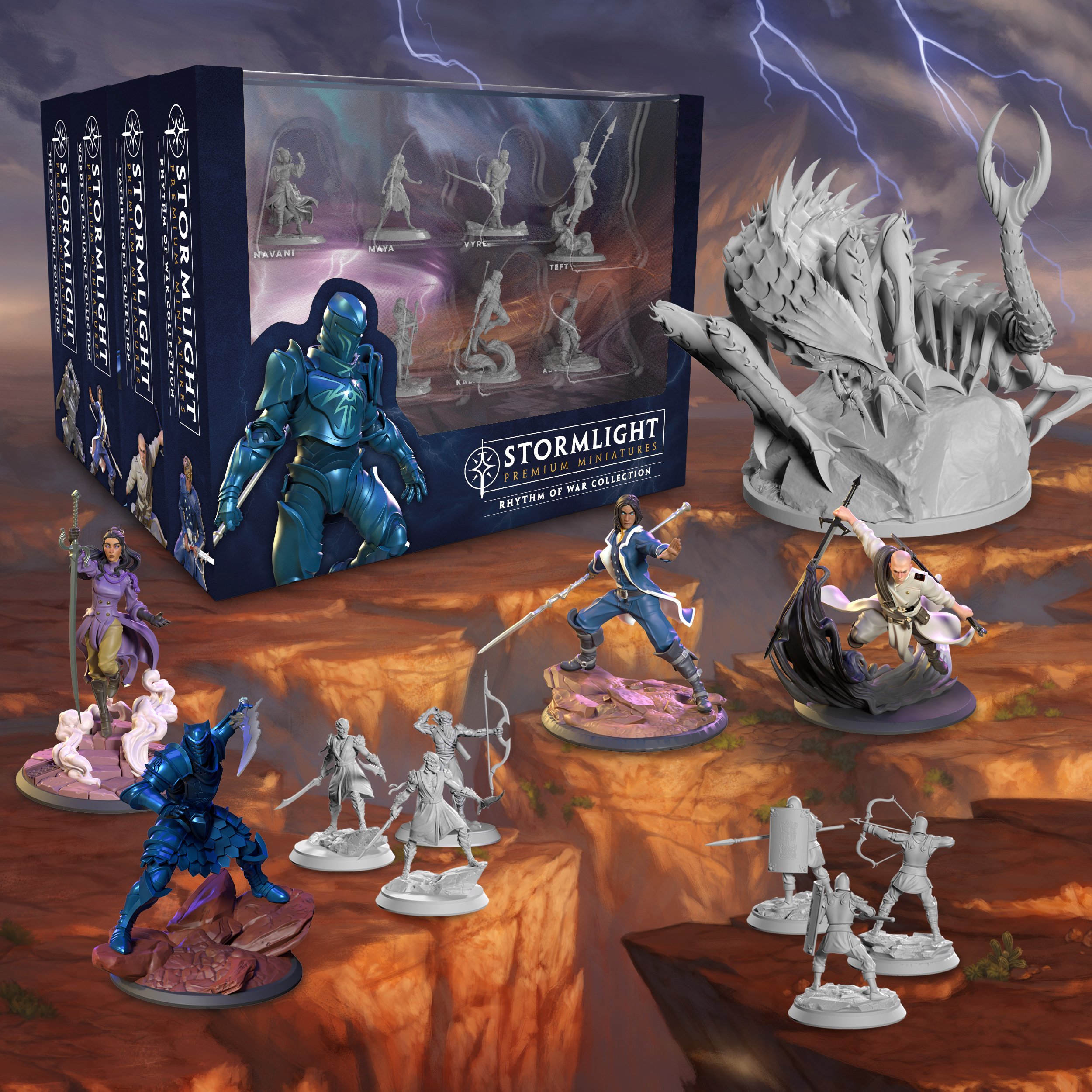 Stormlight Archive Miniatures on a cavernous background