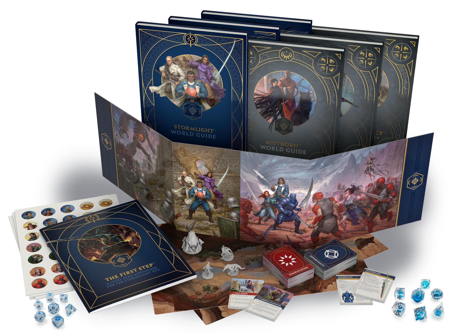 Stormlight and Mistborn RPG materials, including the sourcebooks, GM screen, maps, and minis